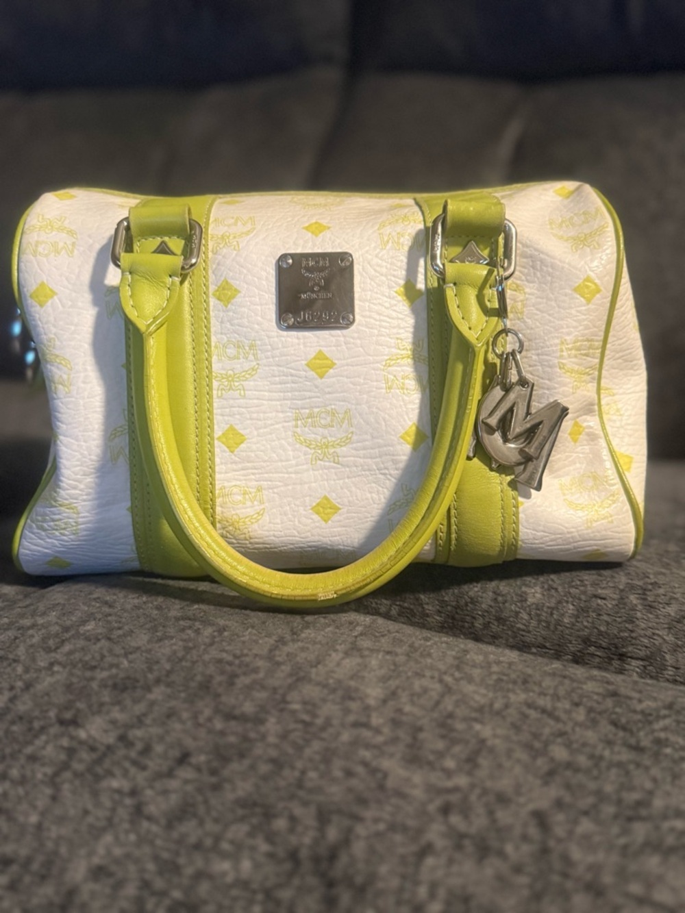 MCM White and Lime Leather Satchel
